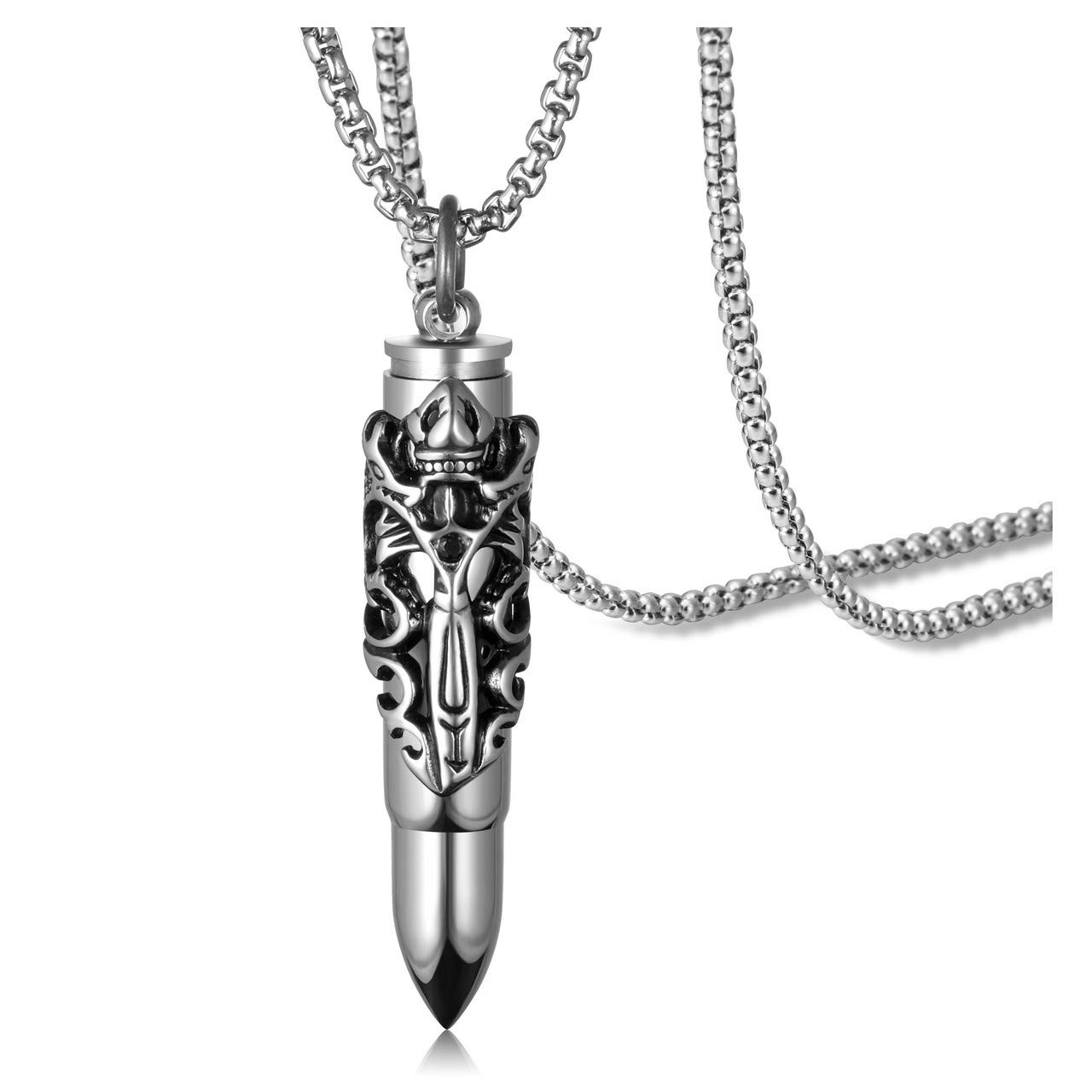 Zysta Gothic Double Dargon Sword Bullet Urn Neckalce 10 mm Personalized Vintage Creamation Ashes Necklace for Men Container Engraved Pendant Memorial Neckalces
