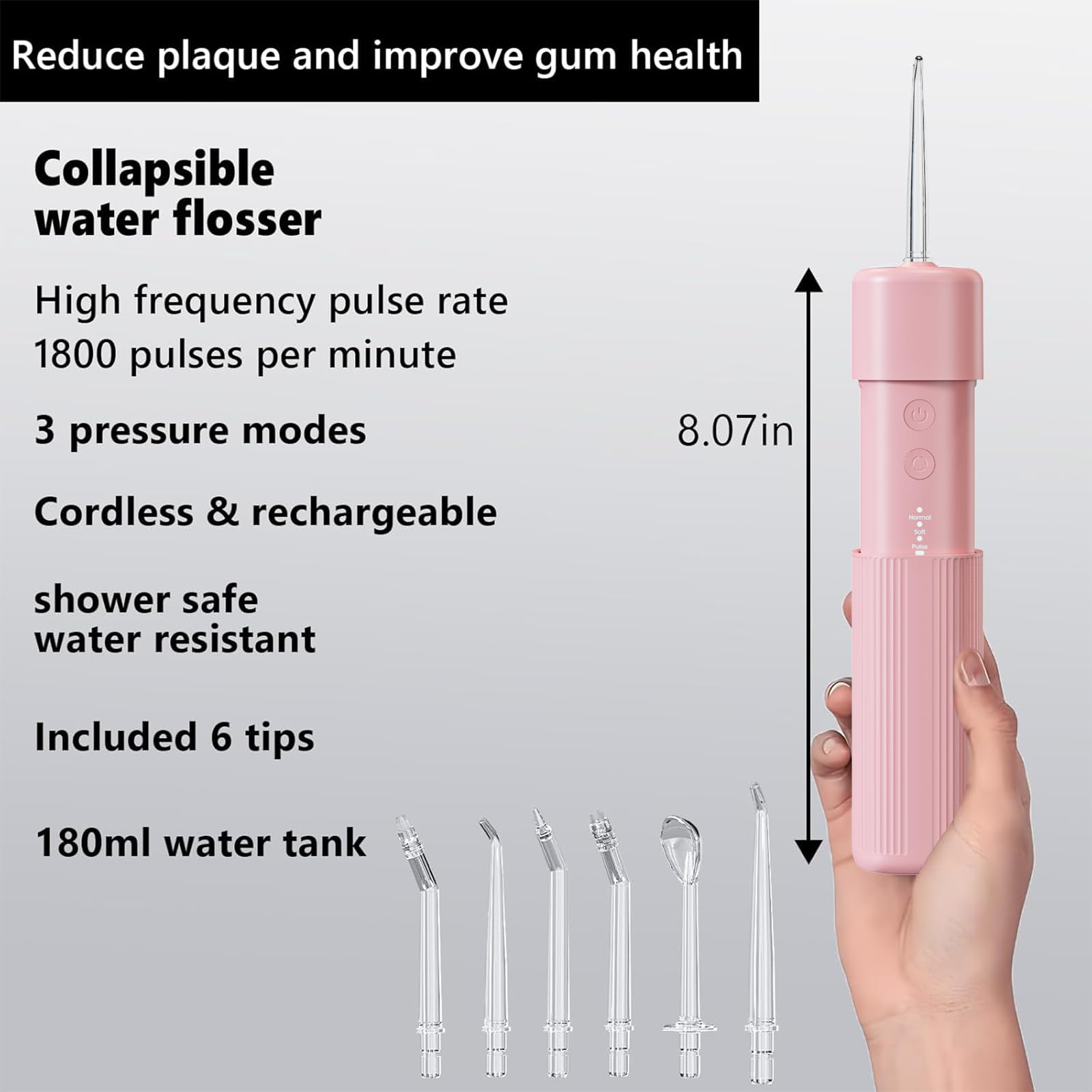 HUACO CARE Irrigador dental portátil para dientes, con tanque de agua telescópico, 3 modos e impermeable IPX7, hogar y viajes (rosa)
