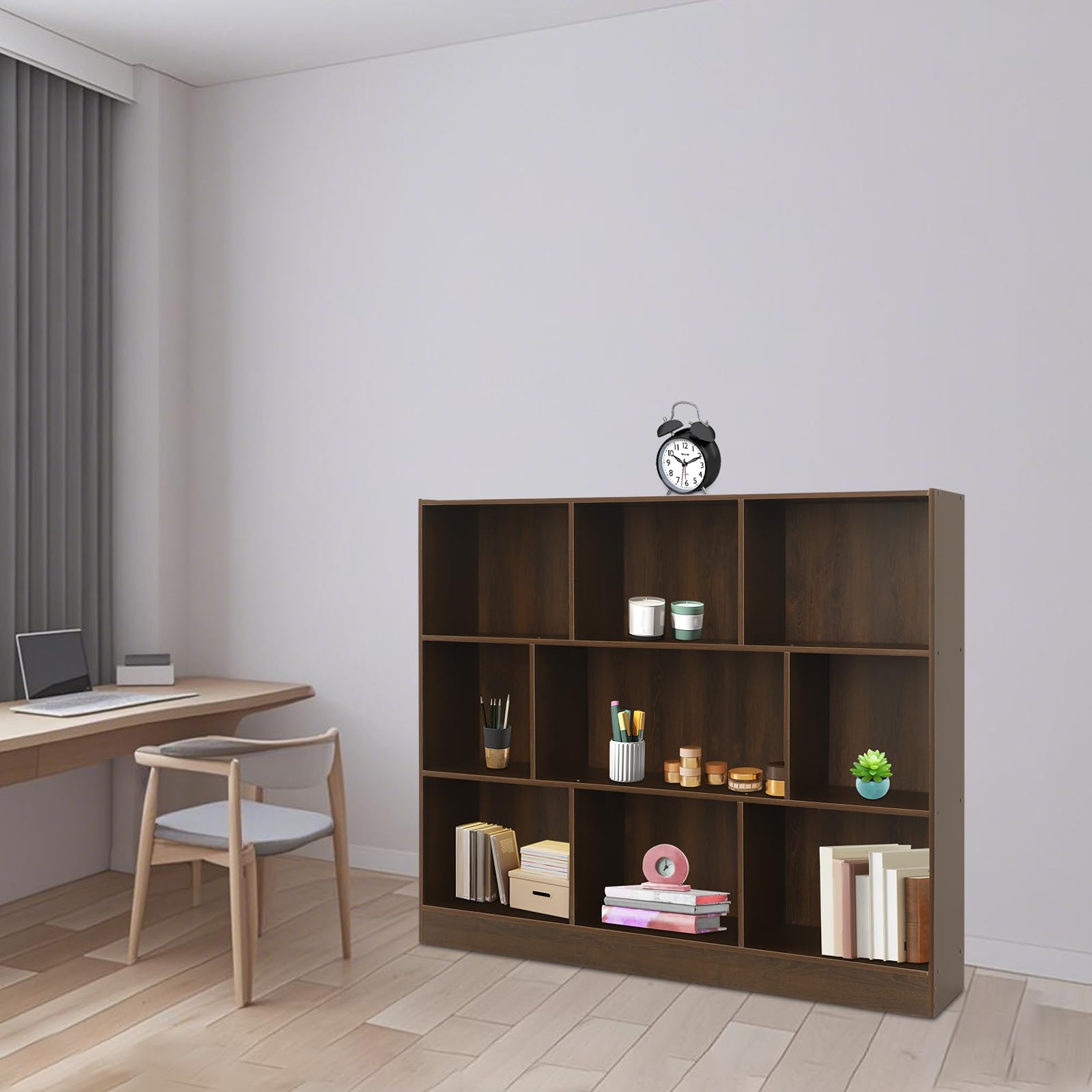 Regał na książki, do pokoju dziecięcego, z 8 otwartymi półkami, 120 x 23 x 100 cm, poziomy, regał na teczki, regał w kształcie kostki, do salonu, biura (ciemny dąb)