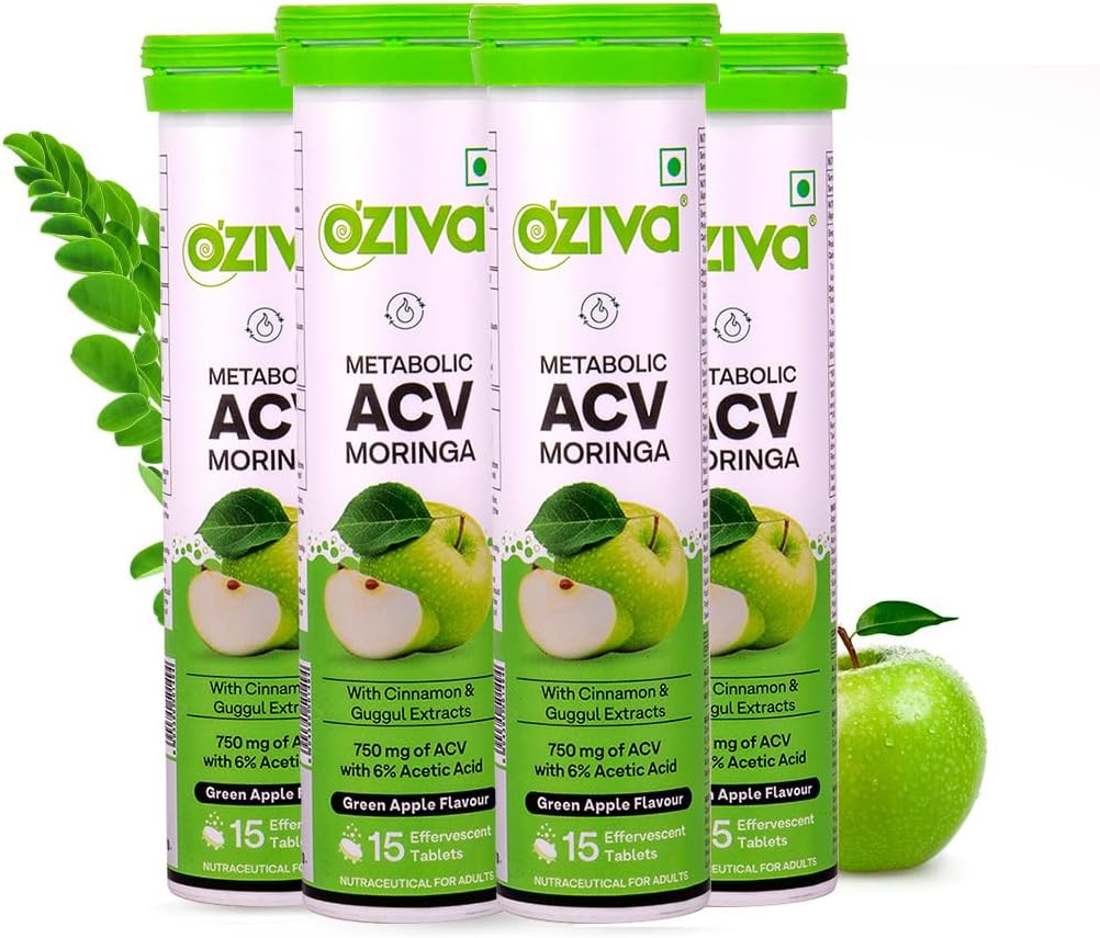 OZiva ACV Moringa | Control Cravings I Apple Cider Vinegar, Cinnamon, Guggul I No Maltodextrin & No Added Sugar I 15 Effervescent Tablets - Green Apple, Pack of 4 (60 Tablets)