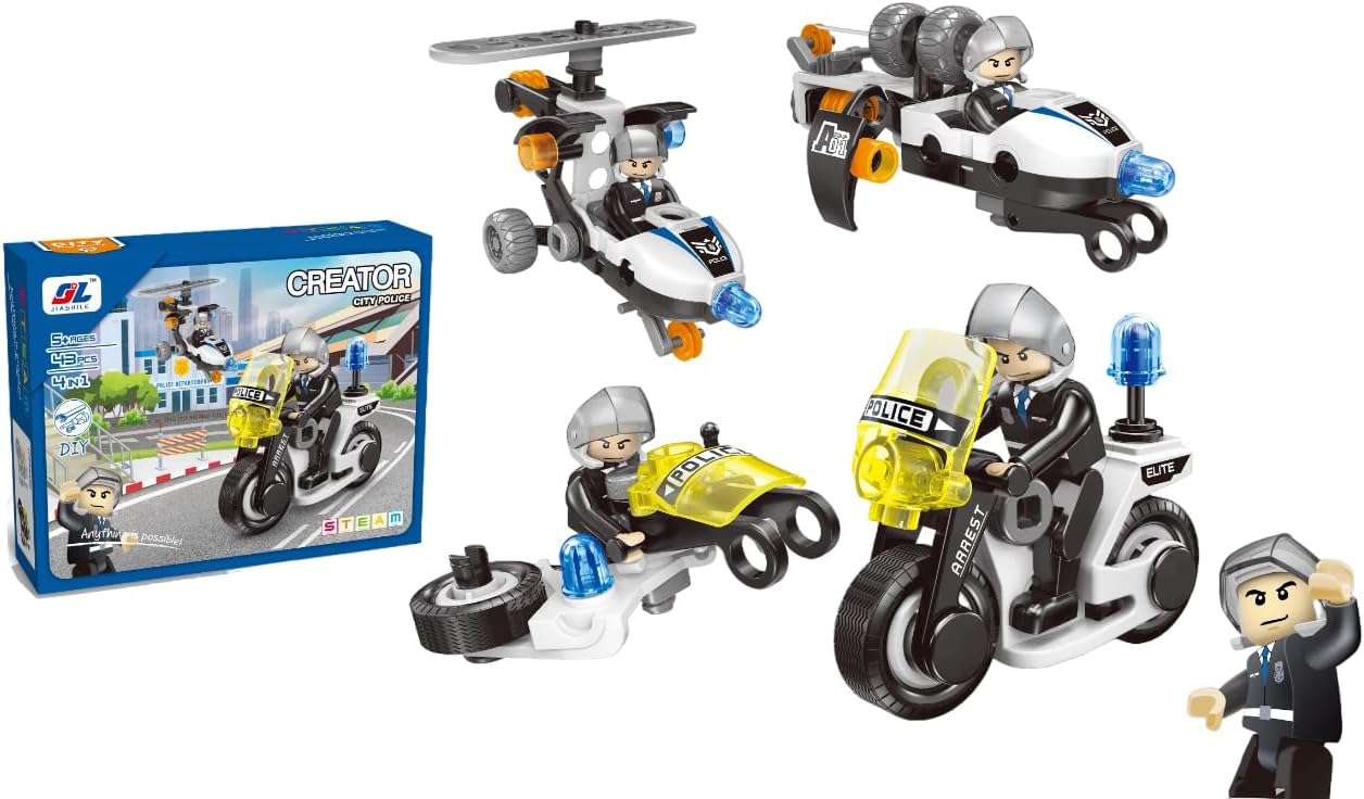 Reva City Series - DIY Building Blocks Kits for Kids Ages 5-12, STEM Educational Sets for Boys and Girls (4-in-1 City Police- 43PCS Building Blocks Kit)