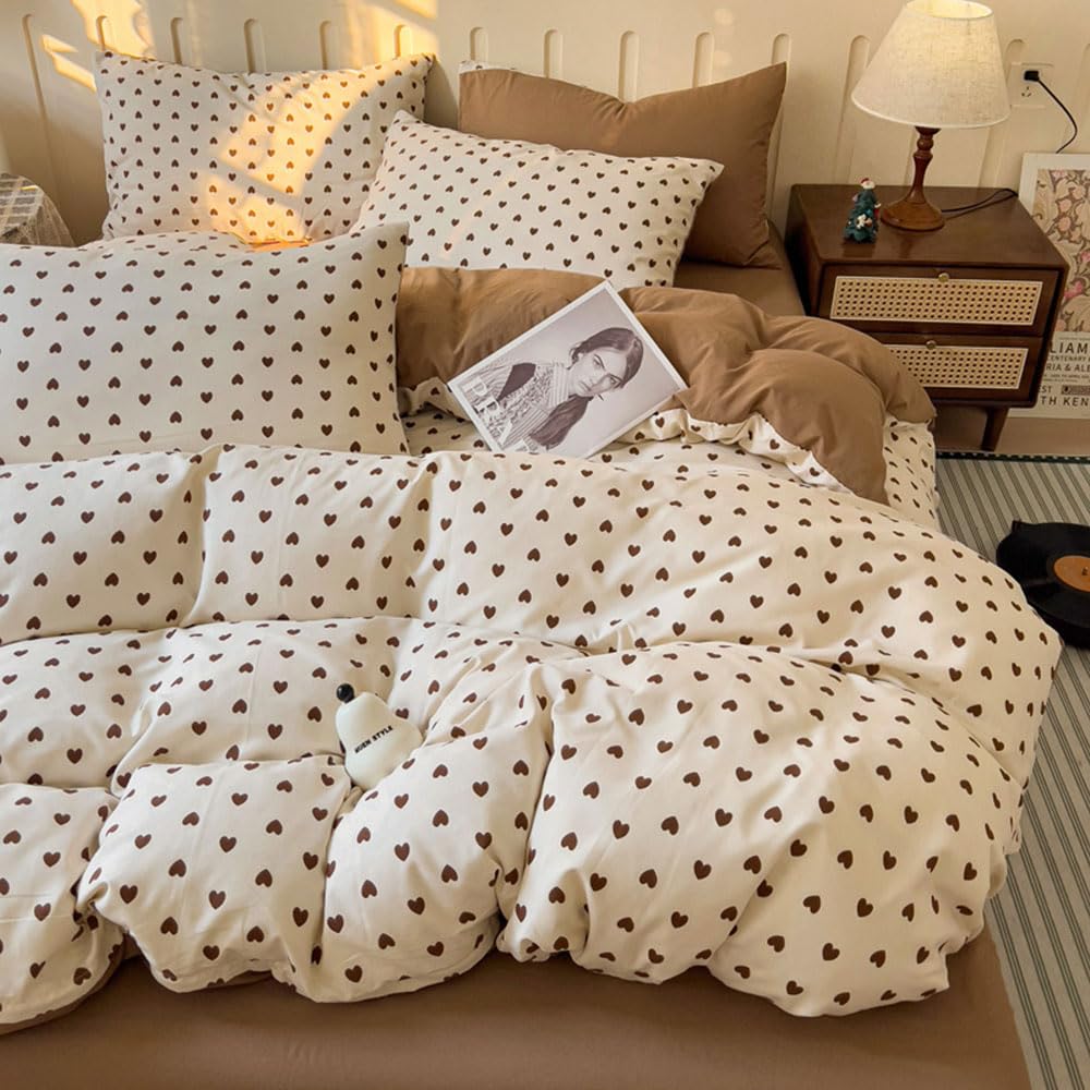 Nyescasa Brown and White Duvet Cover Sets King Heart Cute Kawaii Super Soft Microfibre Reversible Bedding Set for Kids Girls Women Love Hearts Aesthetic Quilt Cover 220x230 and 2 Pillowcases 50x75 cm — image 1