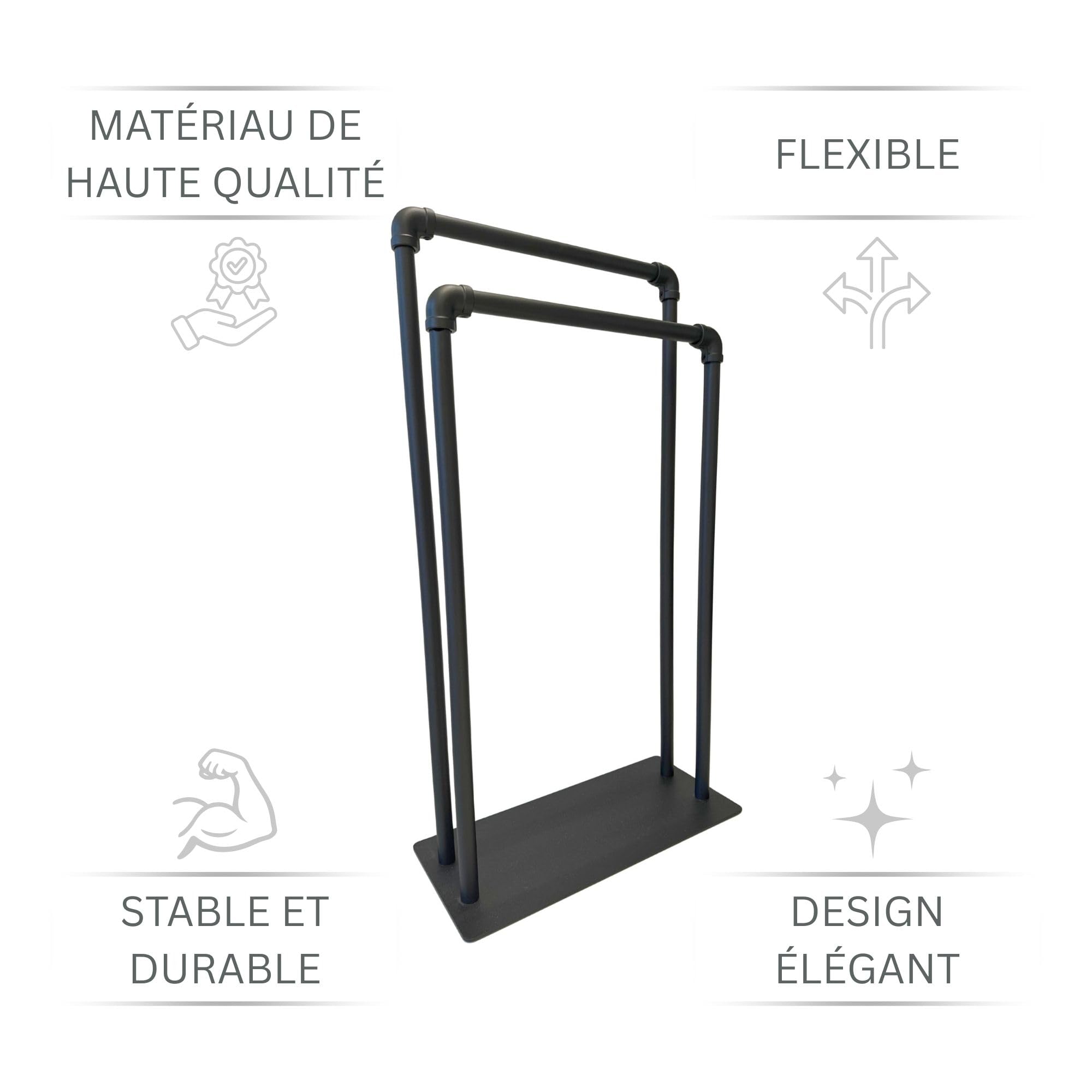 Palermo Porte-Serviettes sur Pied Noir Mat – Porte-Serviettes Salle de Bain avec 2 Bras en Métal – Support Serviettes Autoportant sans Perçage – Design Moderne et Élégant
