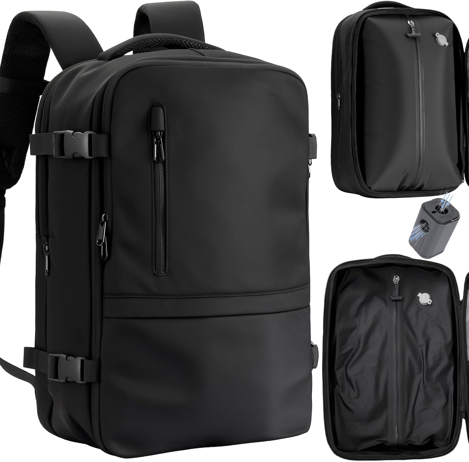 Vacuum Seal Travel Backpack 60L – Air Compression System, Water-Resistant Carry-On Backpack with TSA Lock, 17" Laptop Compartment, Vacuum Pump Included for Travel, Business - Black