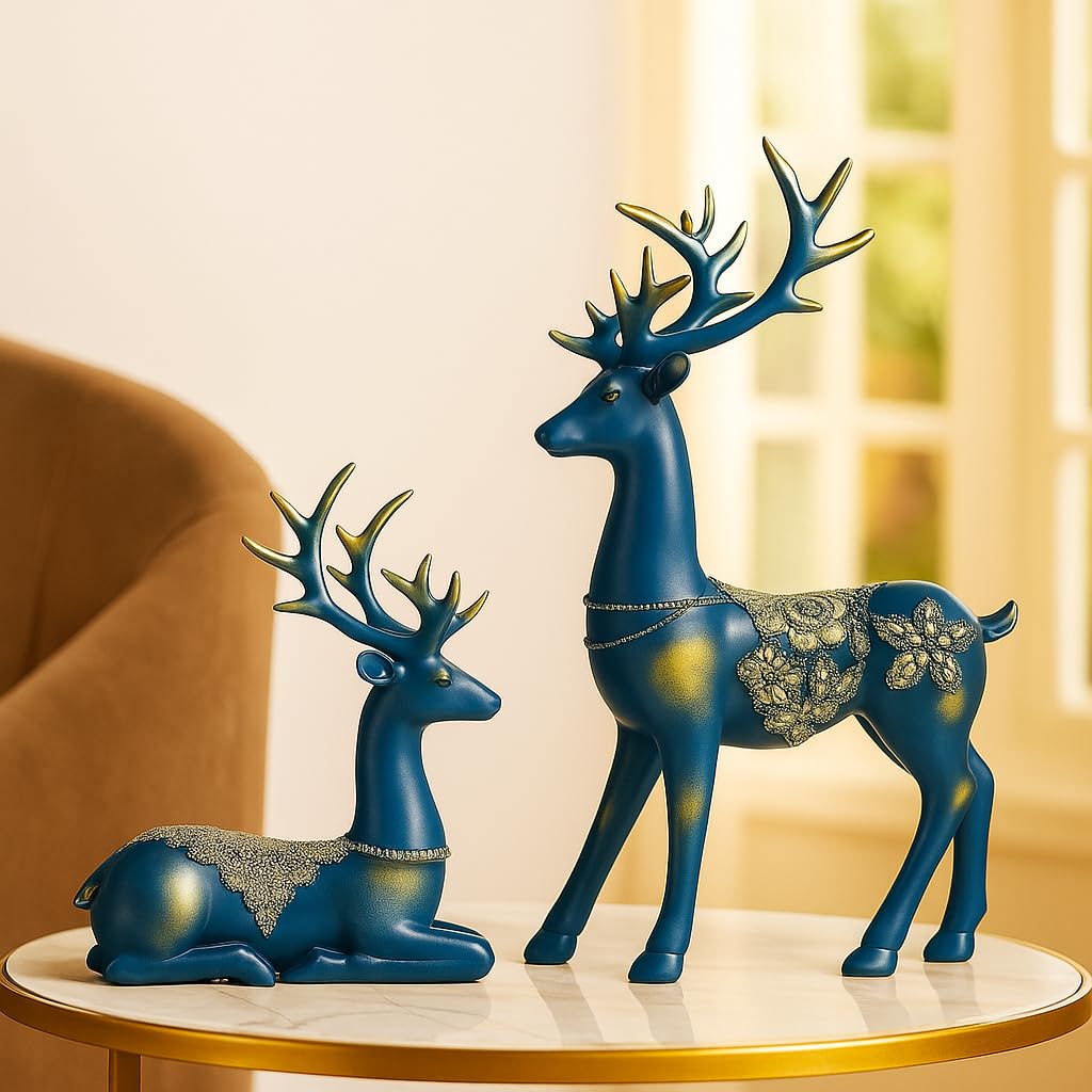 Creative Resin Golden Reindeer Sculptures | Beautiful Home Decor | Lifts up Energy of Your Room - (Pack of 2, Blue)