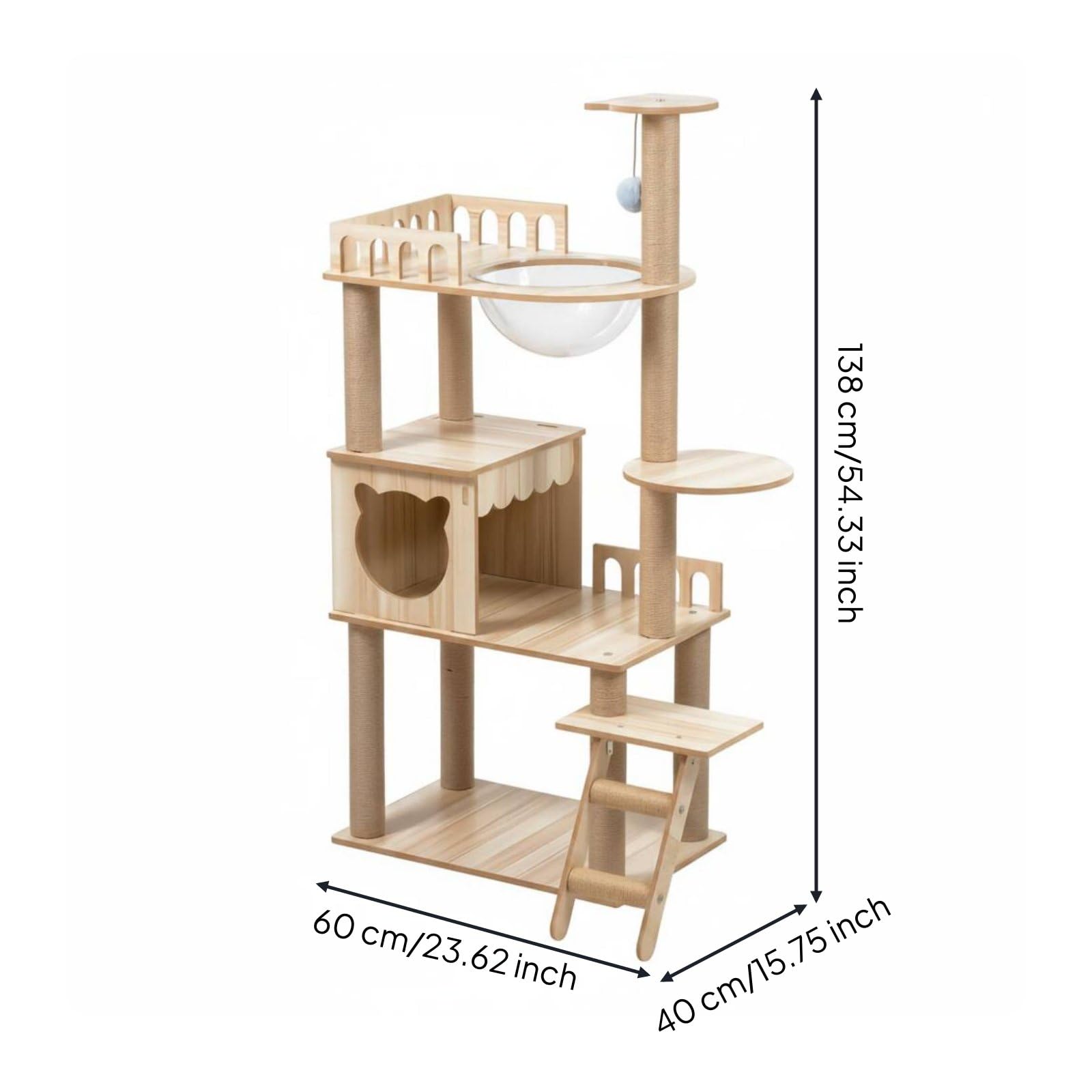 Estructura para Gatos con Torre Refugio y Rascador Diseño de Varios Niveles en Madera MDF con de Sisal y Cúpula Acrílica Base Estable Adecuado para, Madera Clara, Style to 2
