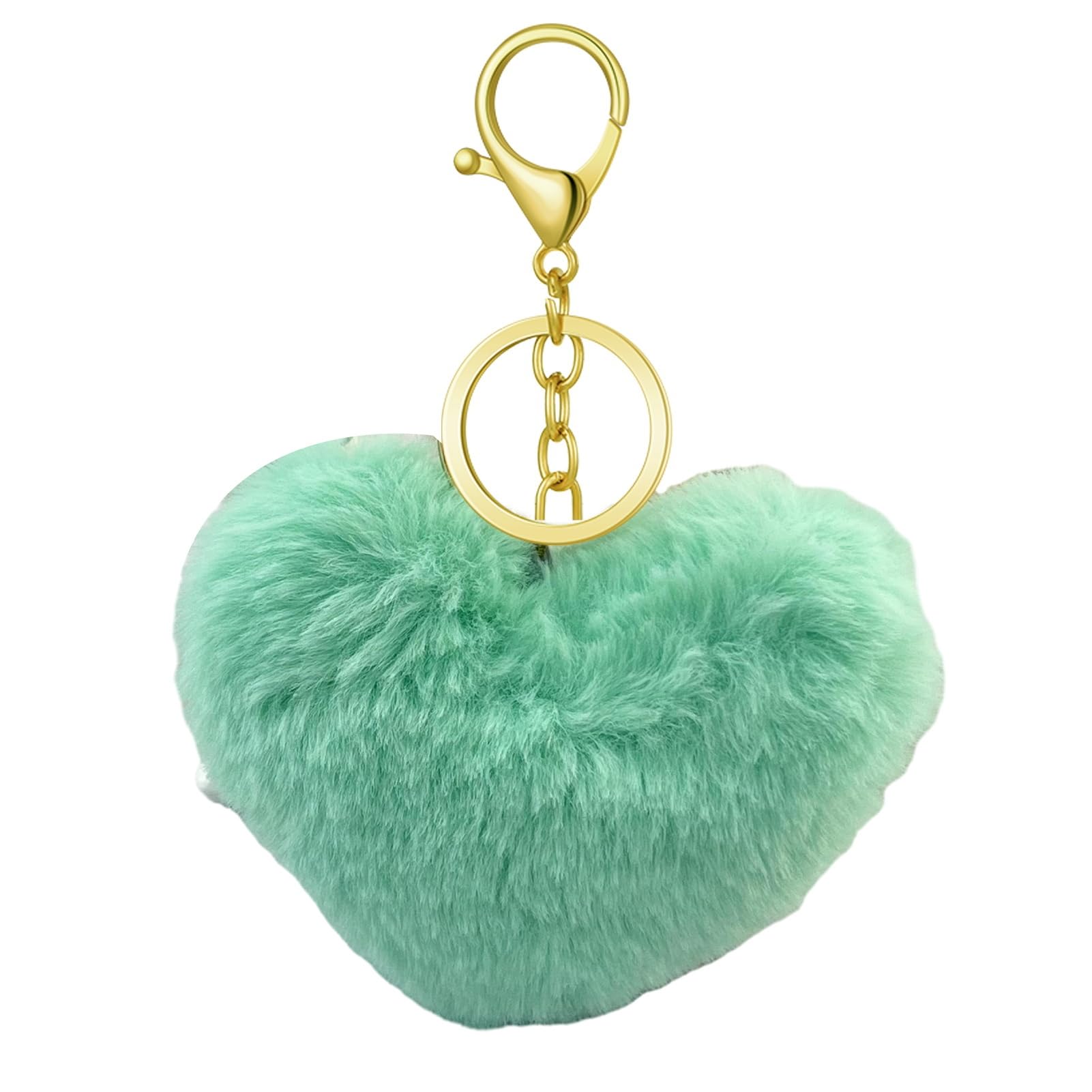 Worparsen Heart Plush Keychain, Fluffy Heart Plush Pom Charm Key Chain Purse Handbag for Women Green One Size