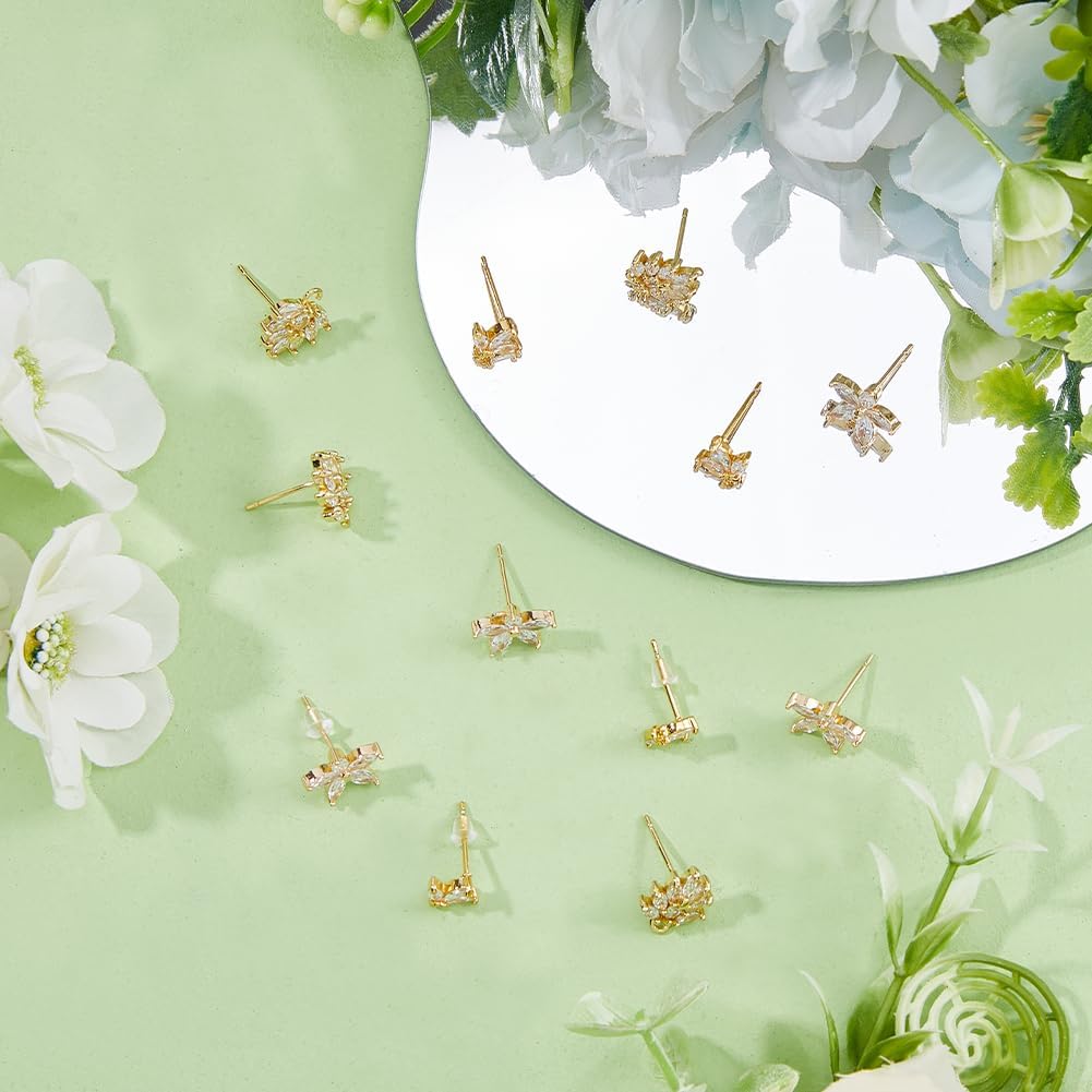 DICOSMETIC 12Pcs Cubic Zirconia Earring Stud Finding 18K Gold Plated Flower Earrings Post with Loop and 40Pcs Ear Nuts Rhinestone Earring Posts Brass Earring Studs for Earring Making, Pin: 0.8mm - Image 4