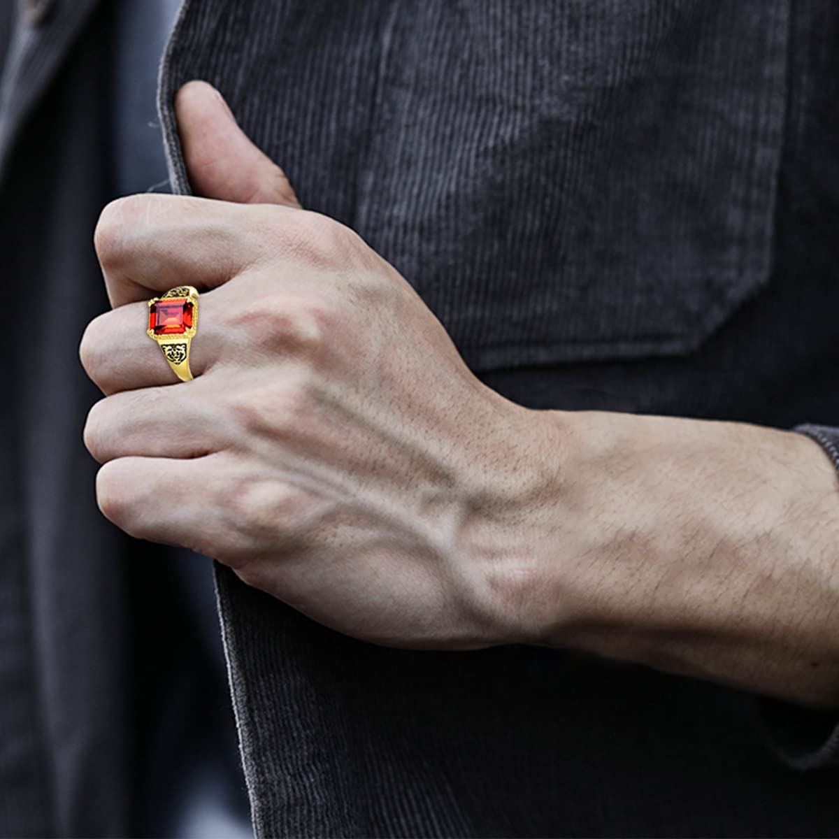 Ring für Herren, 9 K, 10 K, 14 K, 18 Karat, massives Gelbgold, mit Granat-Edelstein, Vatertagsgeschenke für ihn, Ehemann, Opa, feiner Schmuck, Größe 4–16