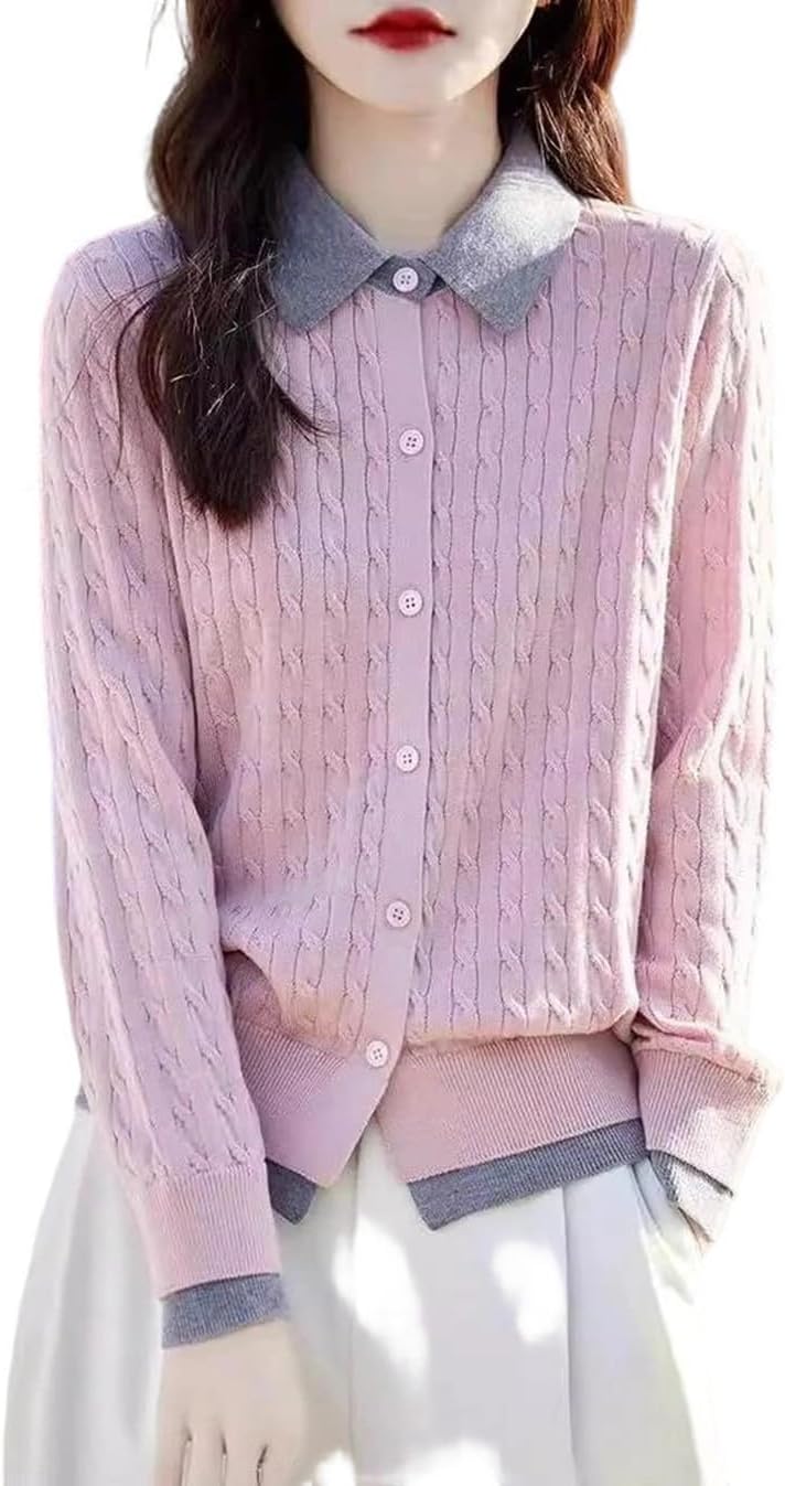 Women's Knit Button Patchwork Sweater Casual Cable Knit Long Sleeve Tops
