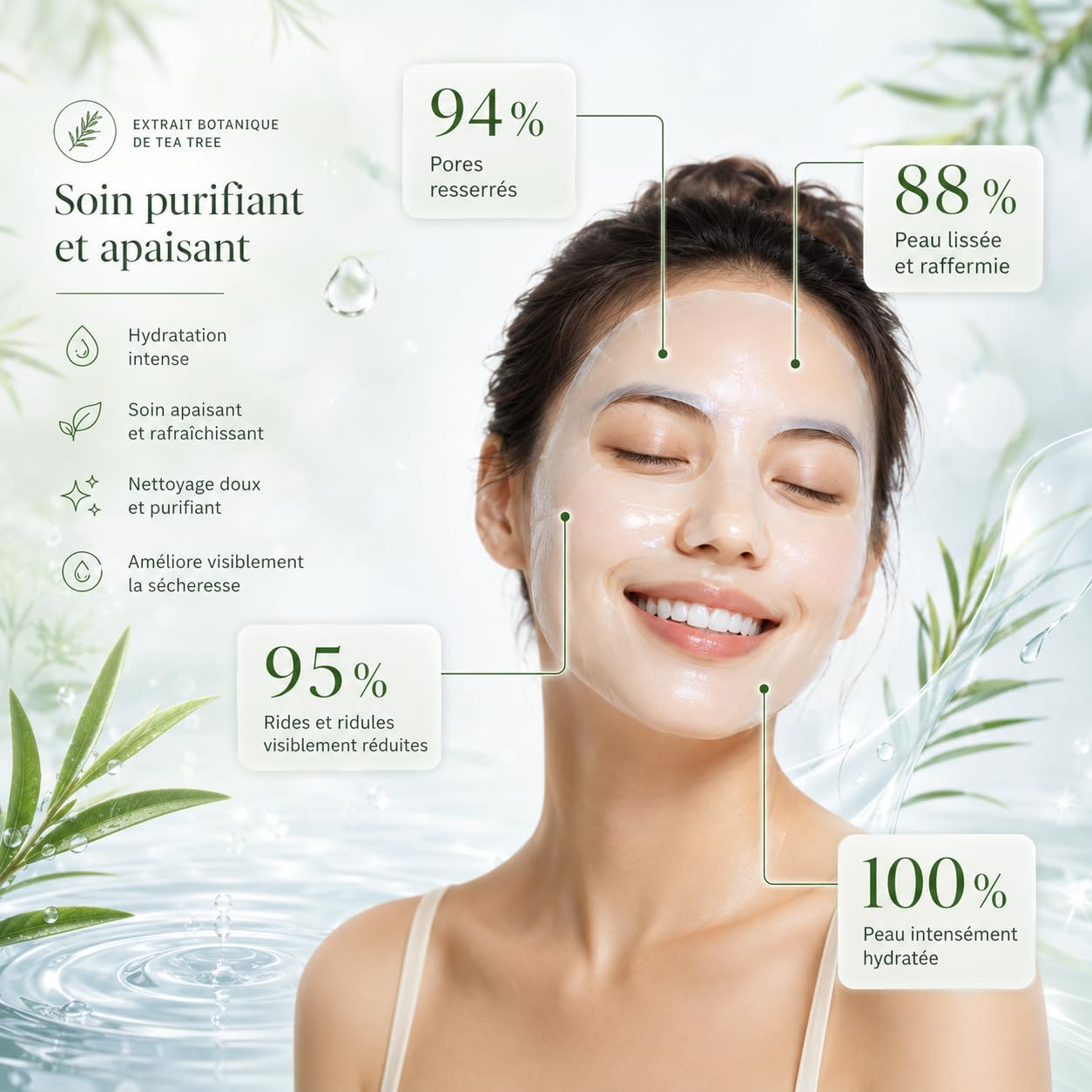 Leaf Cosmetic Masque Purifiant Visage Avec Collagène Et Tea Tree Pour Texture De Peau Affinée (3 boîte – 12 pièces)