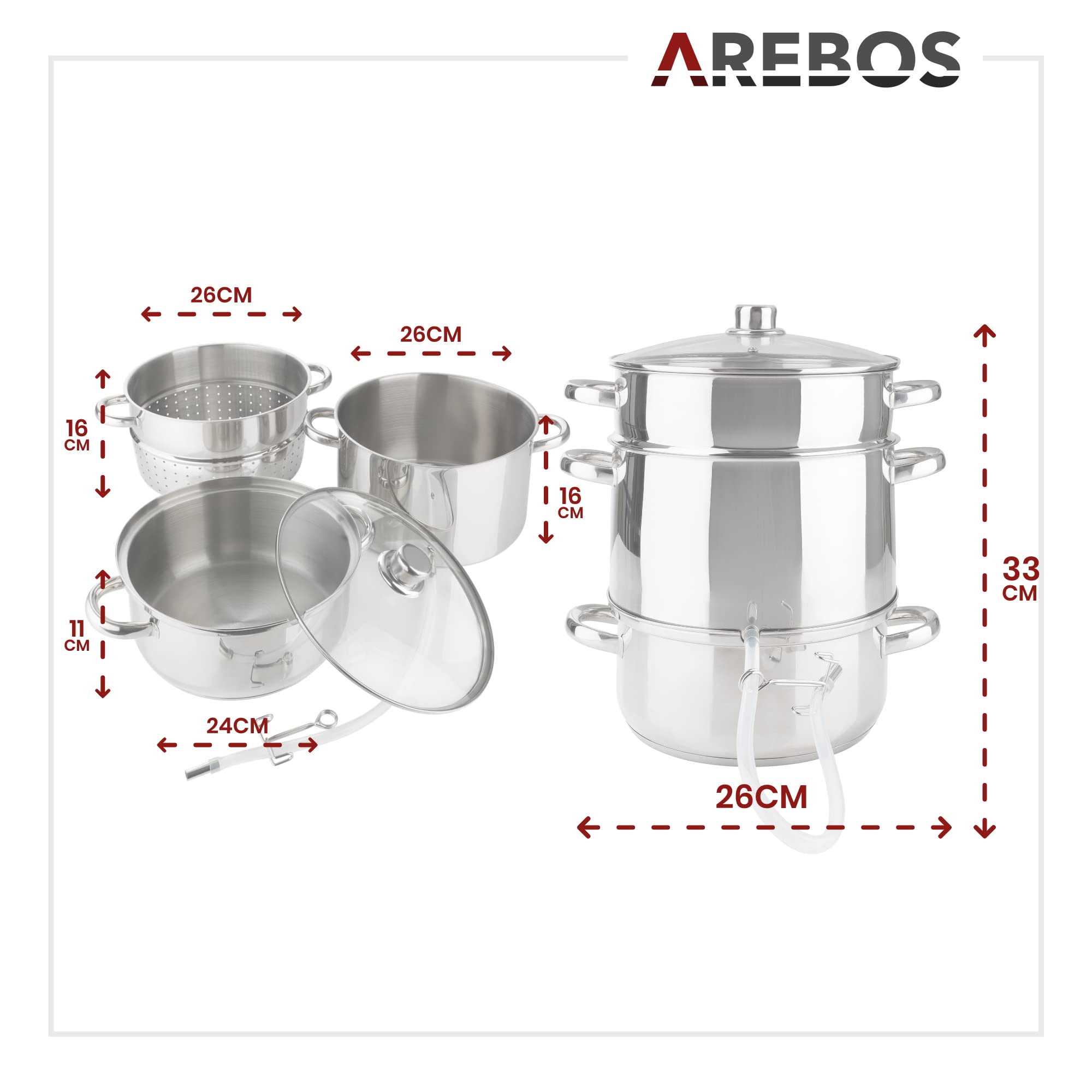 AREBOS Extracteur de jus à vapeur 15 L | Acier inoxydable | Convient à tous les types de cuisinières, y compris à induction| Ø 26cm | Passe au lave-vaisselle | Extracteur de jus à vapeur à induction
