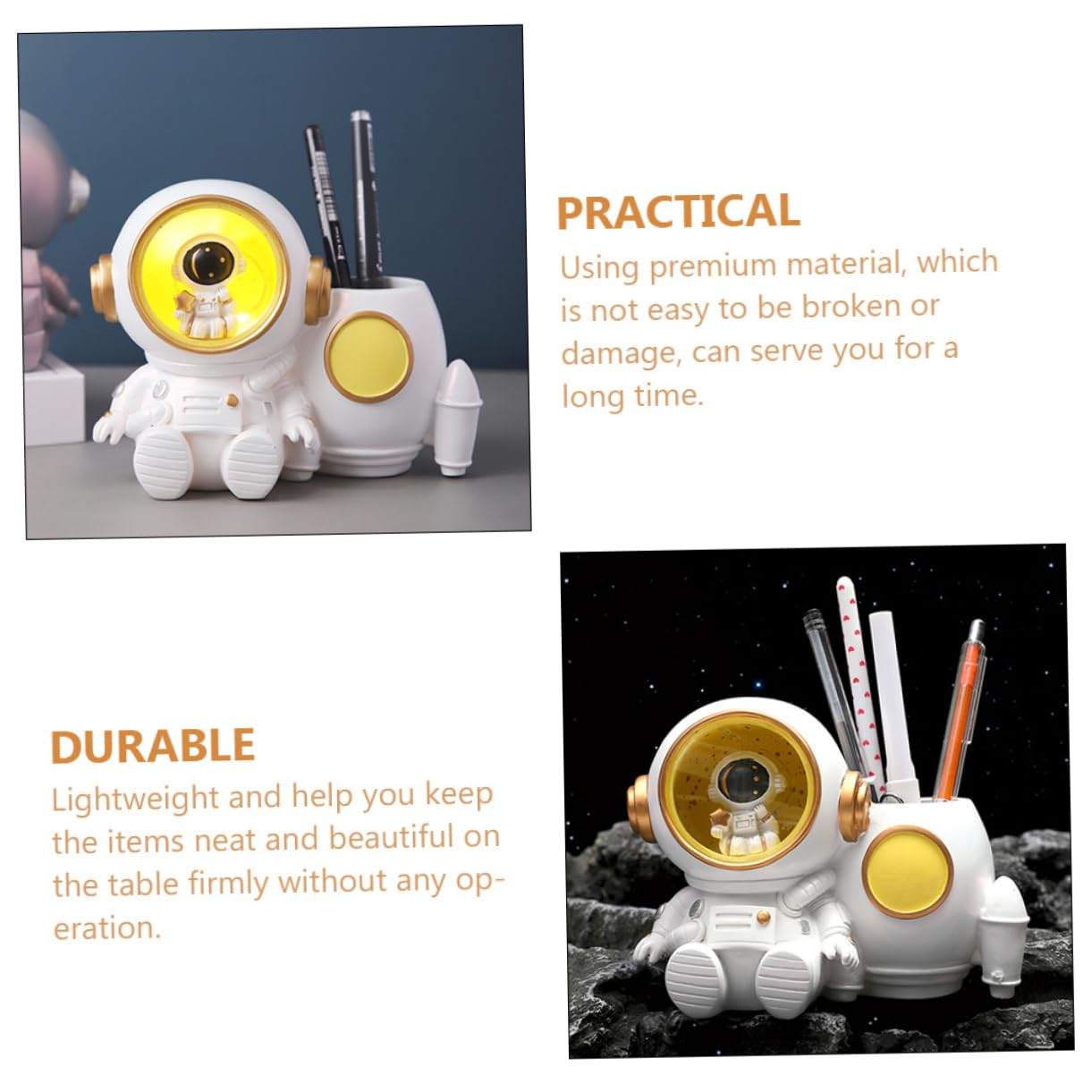 Homoyoyo Portapenne Astronauta Bianco con Luce, Portamatite da Scrivania in Resina, Grande Capacità e Leggero per Bambini, Organizer per Penne e Biglietti da Visita