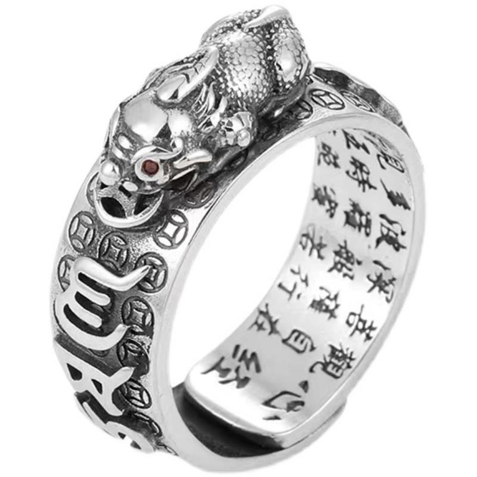 Feng Shui Pixiu Mantra Ring S925 Silver Buddhist Good Luck Amulet Mantra Double Protection Wealth Love Health Ring Gift for Men Women Adjustable,005