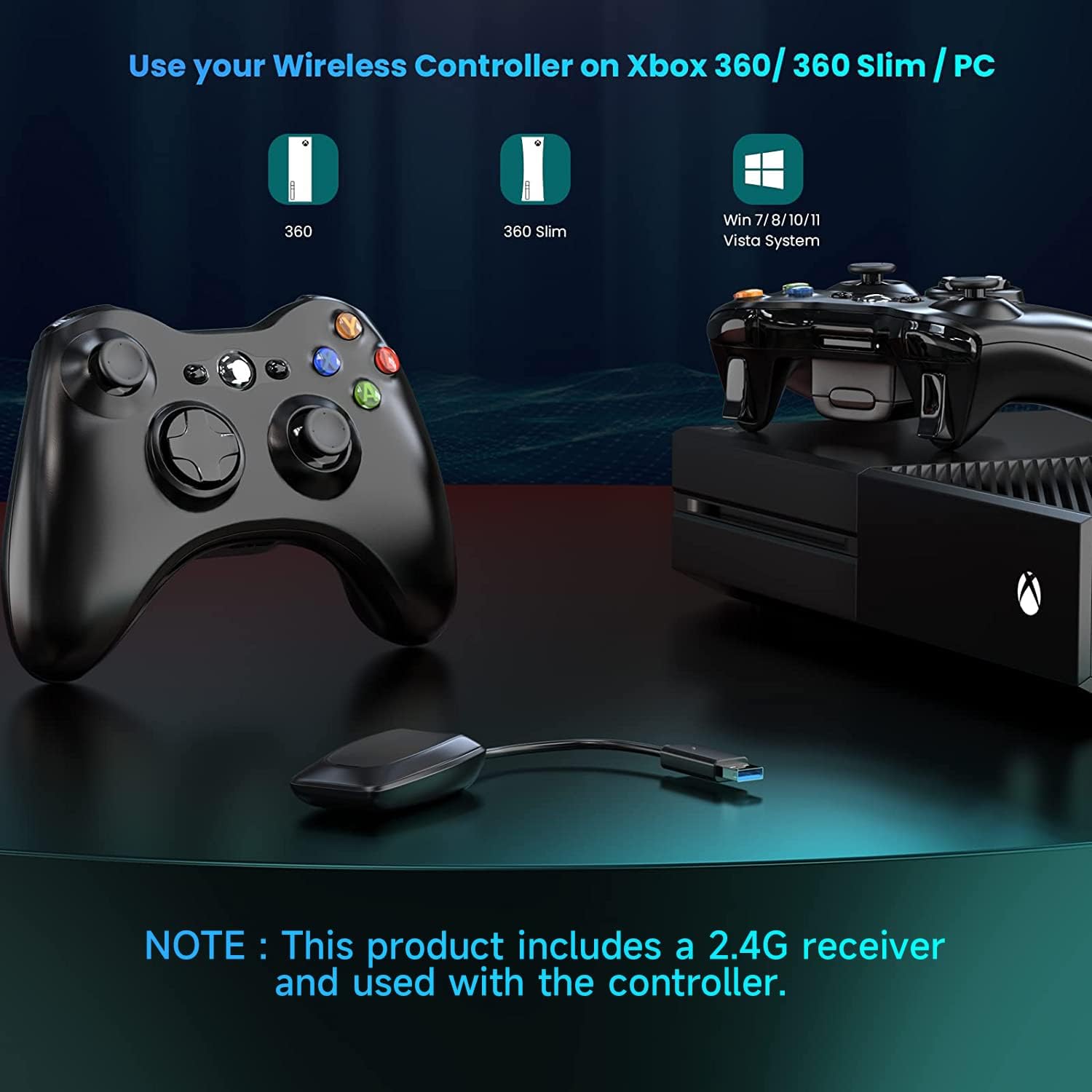 YAEYE Wireless Controller for Xbox 360, 2.4GHZ Gamepad Joystick Wireless Controller Compatible with Xbox 360 and PC Windows 7,8,10,11 with Receiver (Black)