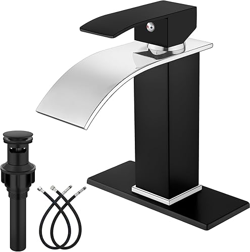 Midanya Grifo de lavabo de baño en cascada, boquilla cromada pulida, color negro mate, grifo mezclador de lavabo para caravana, manija única, grifo