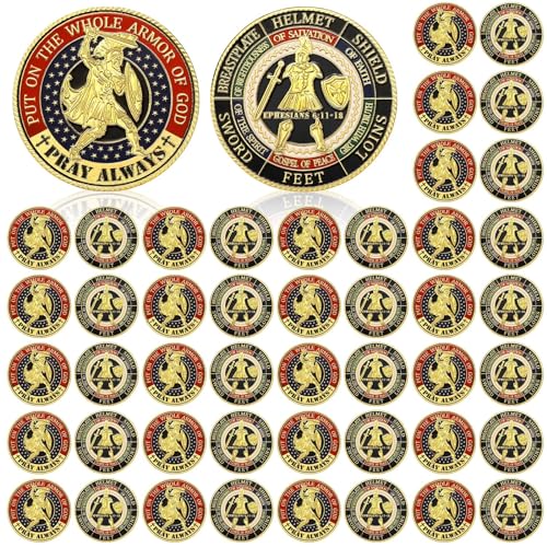 Siifert 48 Pcs Veteran Challenge Coin 4 of July Independence Day Patriotic Coin Gold Put on The Whole Armor of God Thank You Round Commemorative Coins Christian Prayer Military Church(Memorial Day)