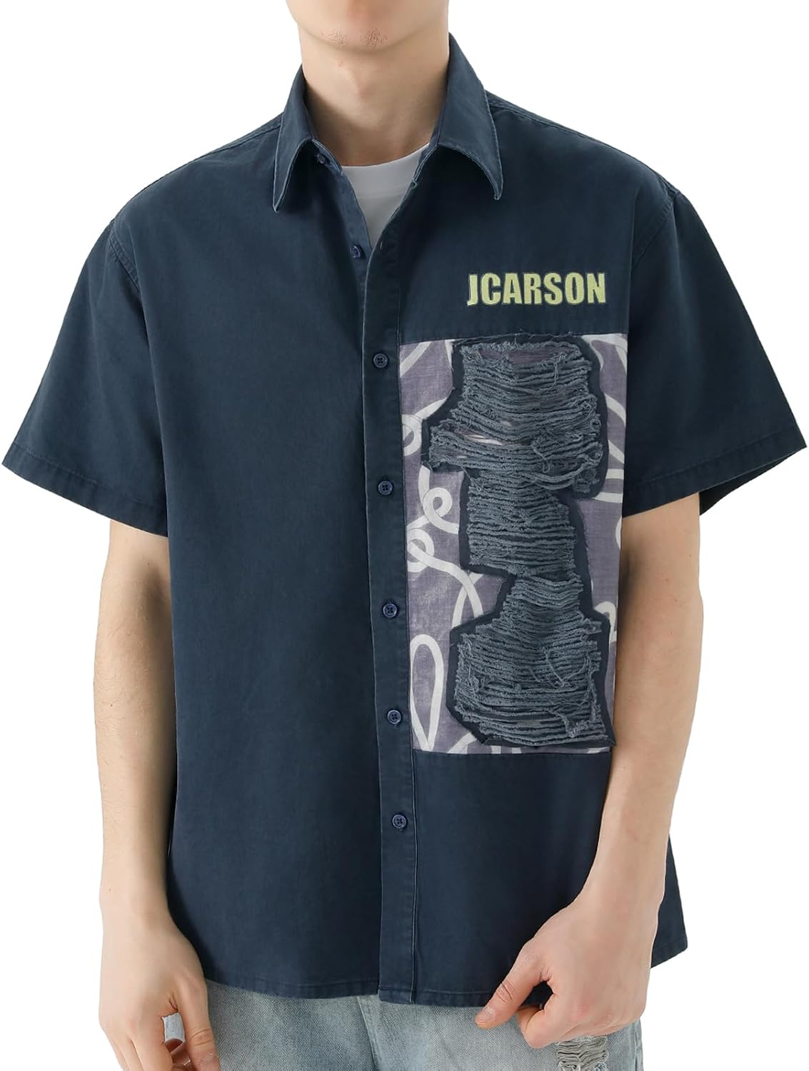 JCARSON Vintage Streetwear Mens Denim Shirts Distressed Button Down Shirt Appliqué Embroidery Oversized Short Sleeve Shirts