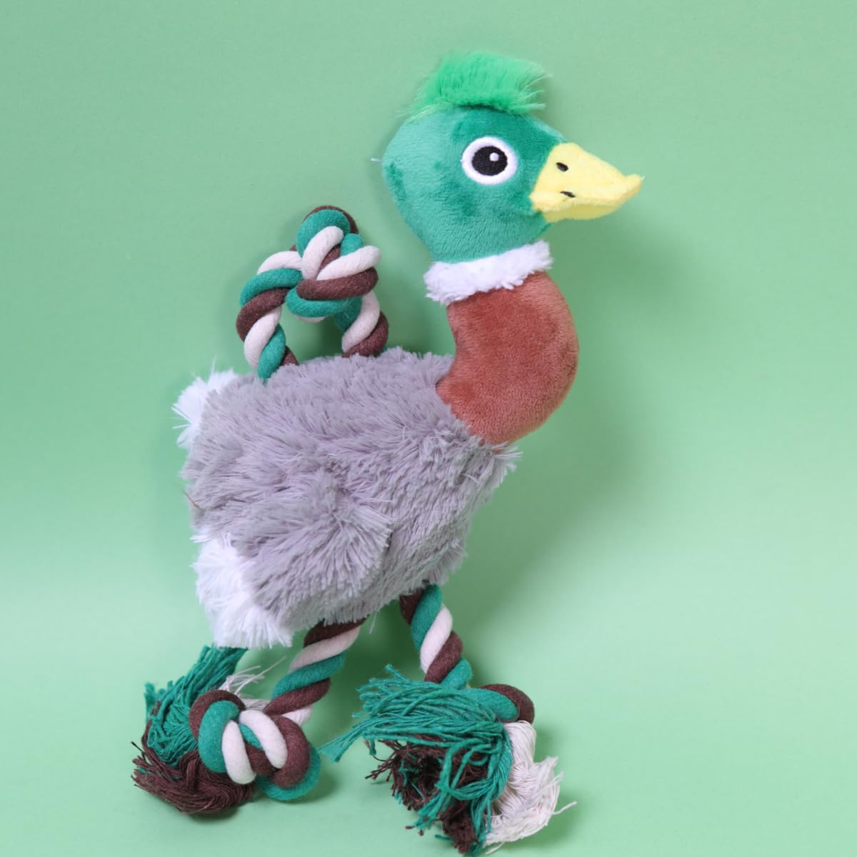 Mallard Duck Dog Toy, Plush Squeaky Tug Toy with Rope Legs & Crinkle Wings for Fetch Chew & Play, Green & Grey - Image 4