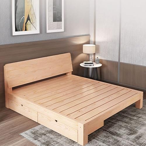 CraftThink Scandinavian Solid Wood Bed Frame with Rectangular Headboard in Natural for Bedroom Boys Girls- Full XL (Pull-Out Storage Single Bed)