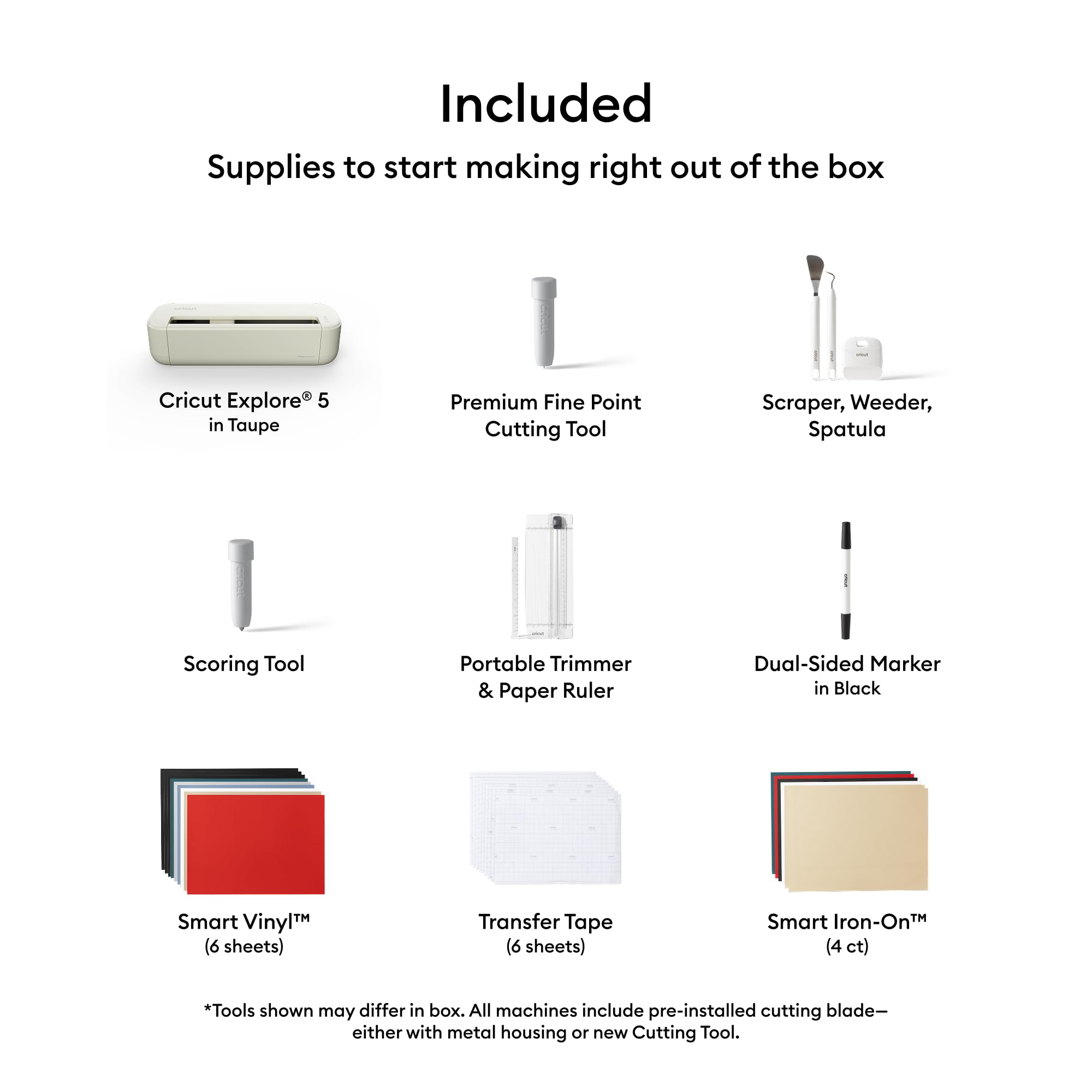 Cricut Explore® 5 Essential Bundle + Digital Content, Taupe - Precise Cutting Machine - Works with 100+ Materials - Sleek, Simplified Design - Includes Supplies for 65 Projects + Bonus Digital Content - 3