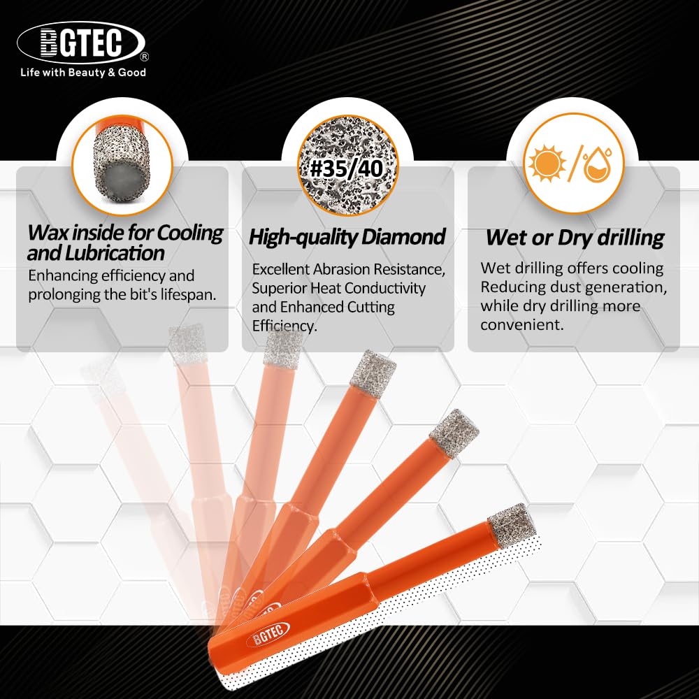 BGTEC Brocas de Diamante en Seco con Vástago Hexagonal para Baldosas de Porcelana, Cerámica, Mármol, Ladrillo, 5 piezas de Diámetro 6 mm