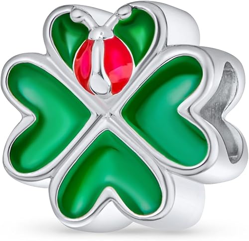 Miniatura 2 de Bling Jewelry Good Luck Lucky 3D Red Lady Bug Irish Shamrock Leaf Esmalte Verde Corazón Trébol Abalorio para Mujeres Adolescentes Plata de Ley .925