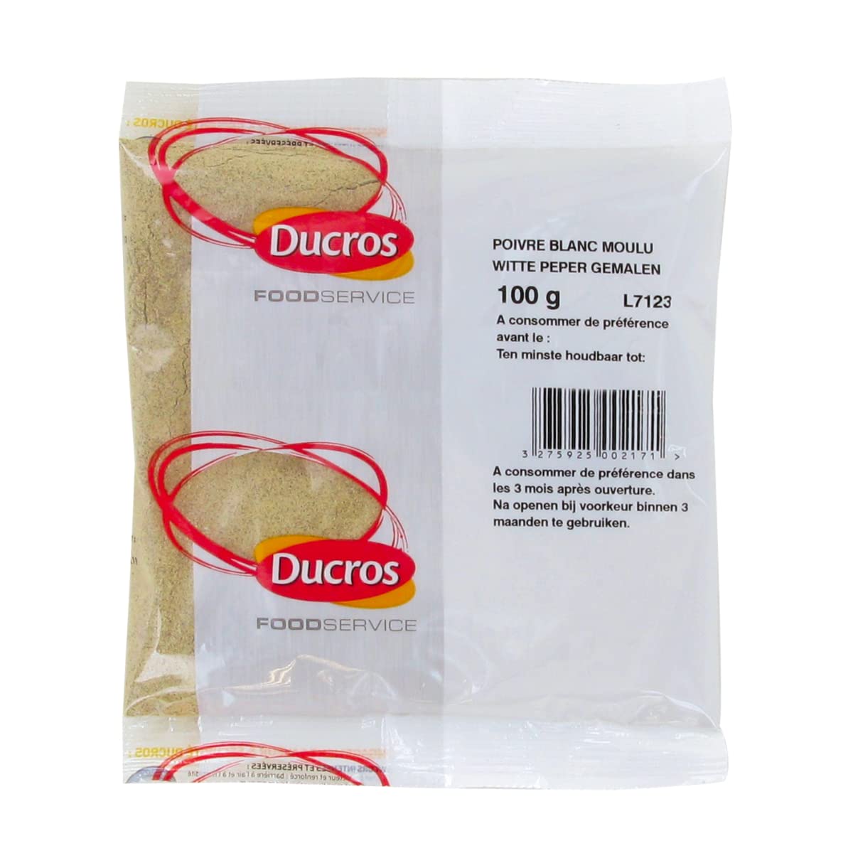 Poivre blanc moulu 100g - Marque Ducros (Lot de 4 sachets)