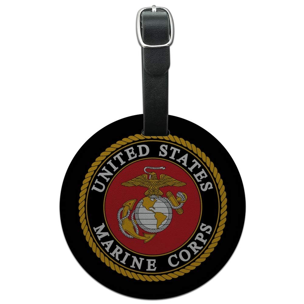 Marines USMC Emblem Black Yellow Red Round Leather Luggage Card ID Tag