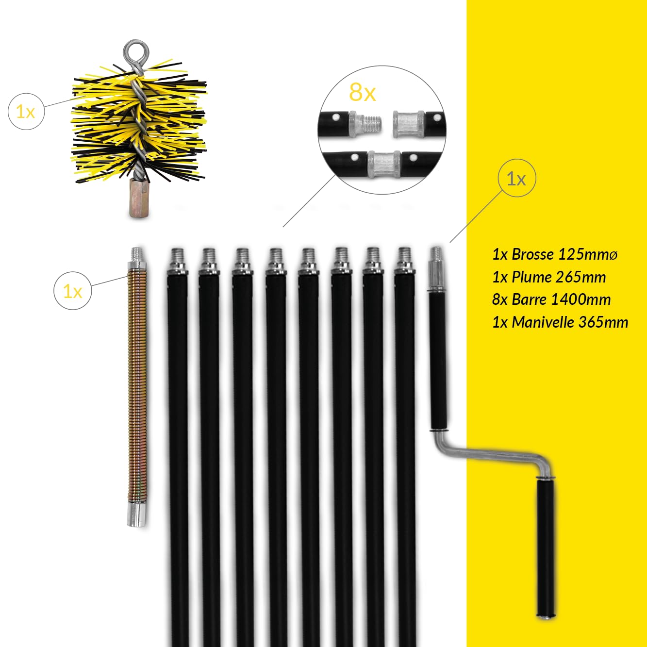 Kit de ramonage Oskar avec manivelle | 1120cm (11,2m) longueur 125 mm diamètre | professionnel | Brosse hérisson