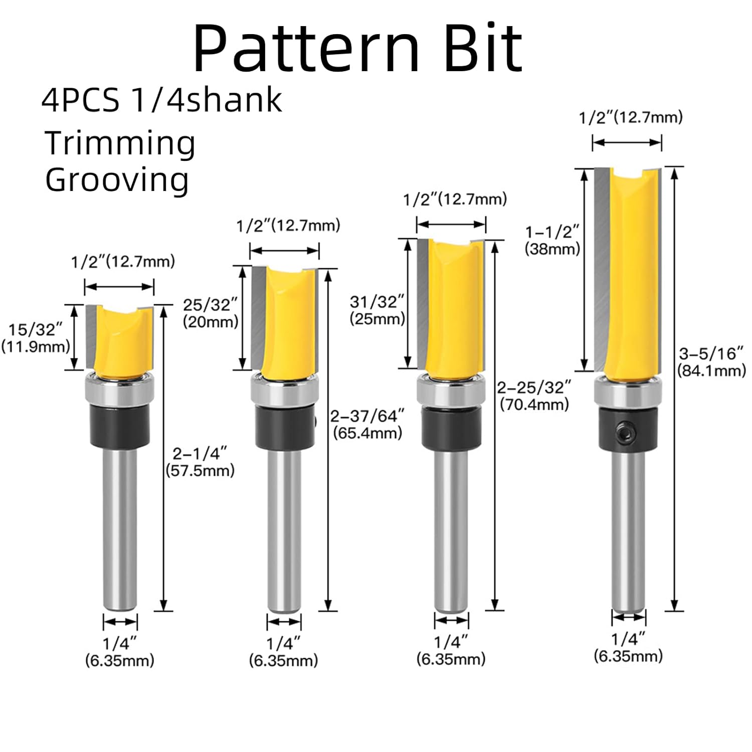 1/4 Shank 4PCS Pattern Bit,Pattern Flush Trim Router Bit Set Router Bits,Perfect for Woodworking, Edging, Trimming, Grooving, veining Wood Projects.