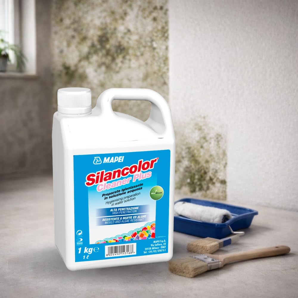 MAPEI Silancolor Cleaner Plus, Soluzione Igienizzante per Superfici Murali, Rimozione Muffe e Alghe, Liquido Trasparente, Senza Solventi, per Interni ed Esterni, 1 Kg - 5