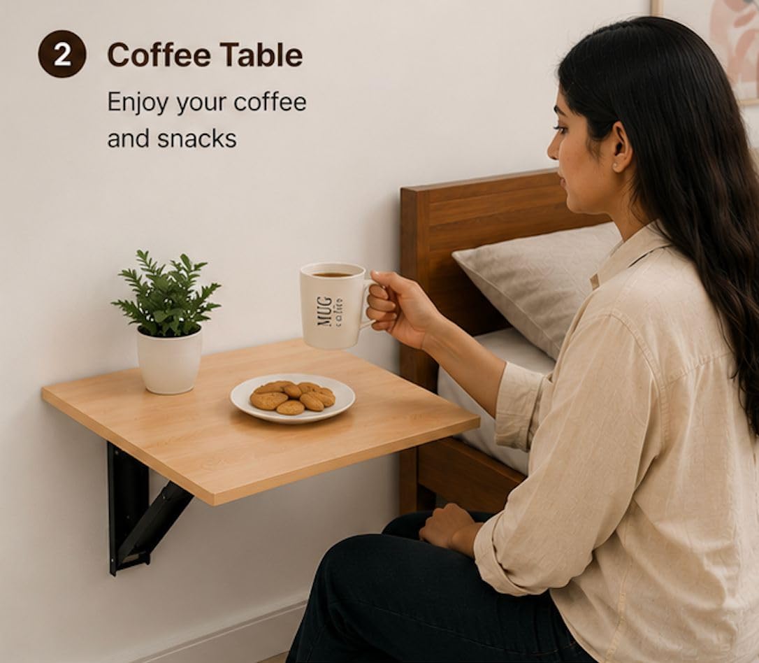 Kawachi Engineered Wood Wall Mount Bed Side Table, Folding Bedside Table, Mini Laptop Table for Home Living Room Study Room Beige 1