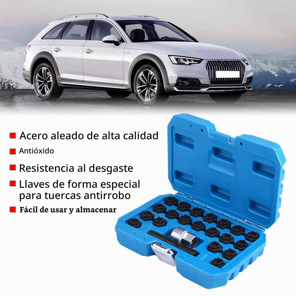 22 Piezas Juego de llaves de tuercas de bloqueo de rueda de, Herramienta de Juego de zócalos torcidos para quitar tornillos de tuercas antirrobo de rueda de coche de aleación de acero con juego de ada