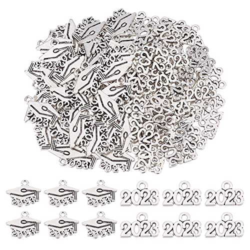 CHGCRAFT 120Pcs 2 Styles Tibetan Alloy Graduation Charms Year 2023 Charms Doctoral Hat Birth Year 2023 Graduation Decoration for Handcraft Work Graduation Tassel DIY Making