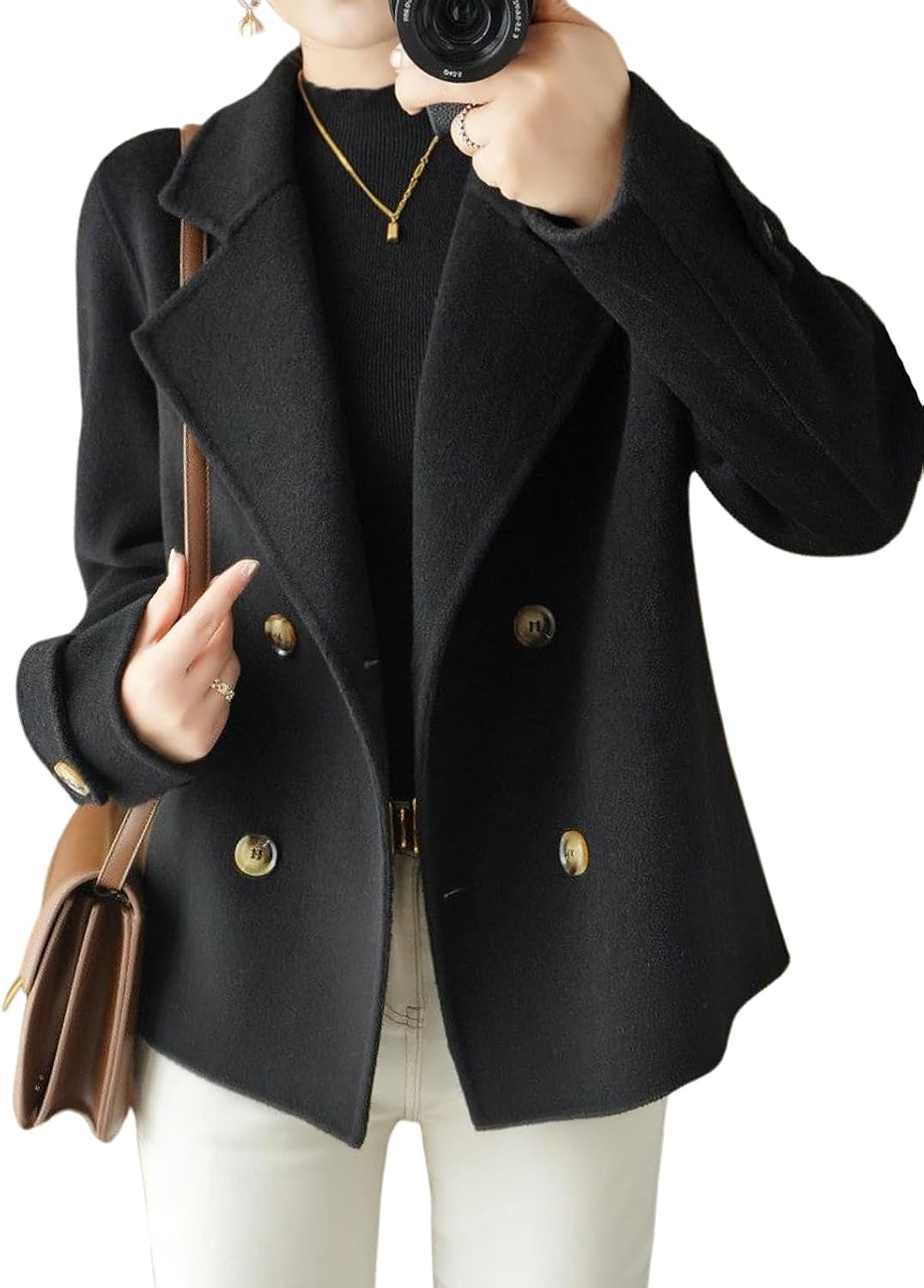 Chic Black Wool Blend Pea Coat-Style Blazer for Women