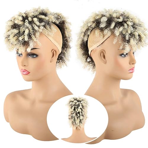 Miniatura 8 de CINHOO Peluca Mohawk con reflejos marrones, rizos Jerry, moño alto abombado, cola de caballo con cordón con flequillo, rubio sintético, extensiones