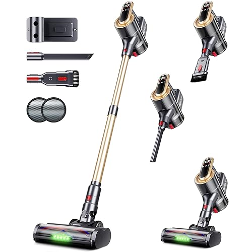RENDOW Cordless Vacuum Cleaner, 65Mins 550W 45Kpa Stick Vacuum, Self-Standing Vacuum Cleaners for Home with LED Display, Anti-Tangle Rechargeable Vacuum Cordless for Pet Hair/Carpet/Hard Floor