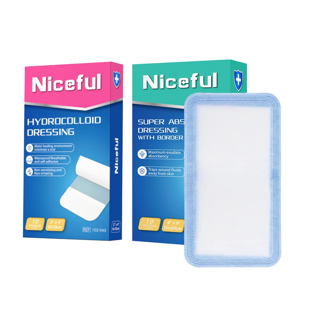 NicefulSuper Absorbent Wound Dressing 4"x7.8" 10 Packs, Large Hydrocolloid Bandages 2"x4", Sterile Wound Dressing Faster Healing