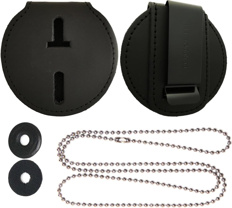 Police Badge Belt Clip Holder with Universal Round Neck Chain Badge Holder Feature - Black Leather - Badge Polishing Cloth Included - Made by Perfect Fit USA