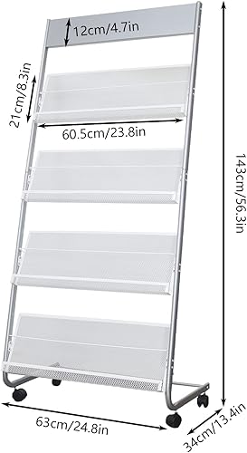 Miniatura 2 de Revistero de hierro de 4 capas con ruedas, estante de periódicos, estante de exhibición, plata (63)