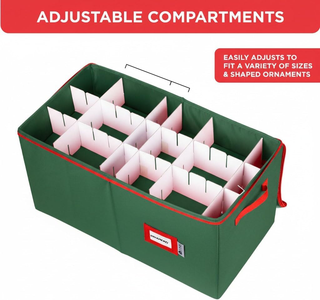 Christmas Ornament Storage Container with Dividers - Box Stores Up to 54 Ornaments, Zippered, Convenient, Adjustable, Large Organizer Bin to Protect Holiday Décor, Fits Most Standard Size, Green image 2