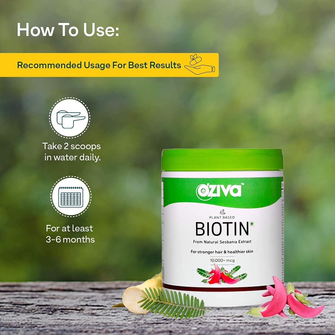 OZiva Plant Based Biotin Powder 10000mcg+ (with Natural Sesbania Agati