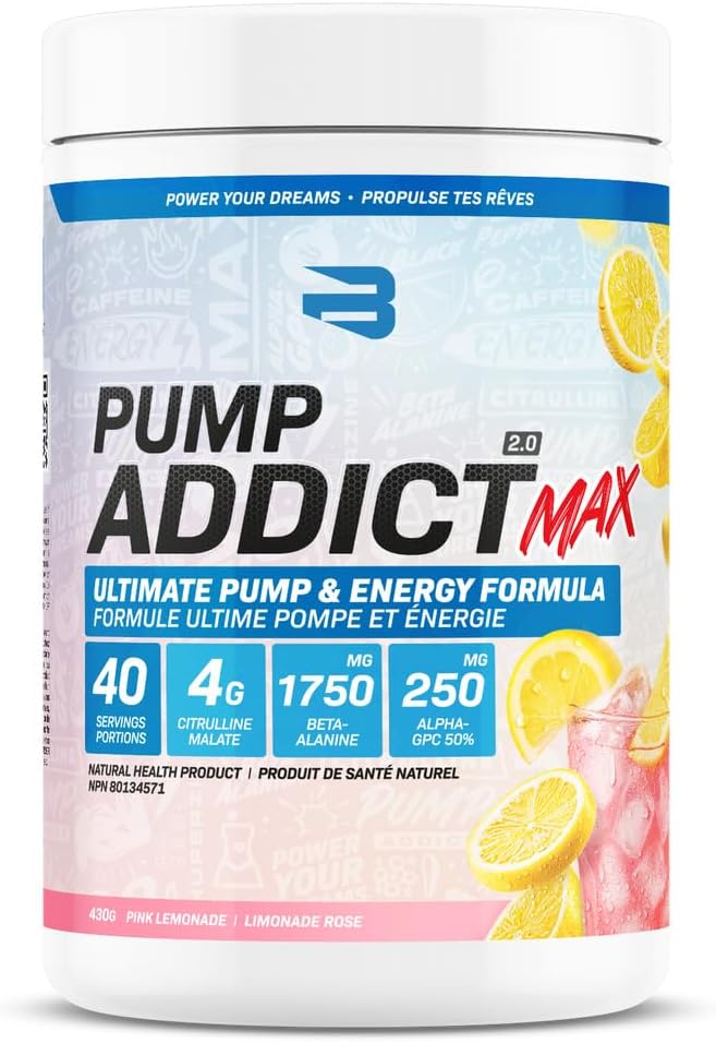 Believe Supplements Pump Addict Max | Pre Workout Powder with Caffeine, Citrulline, Beta-Alanine, Alpha GPC | Energy, Focus & Workout Performance | 40 Servings (Pink Lemonade)