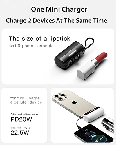 Miniatura 5 de Paquete de 2 Cargador portátil para iPhone, batería USB C de 5500 mAh, cargador de teléfono esencial de viaje, cable integrado y soporte plegable,