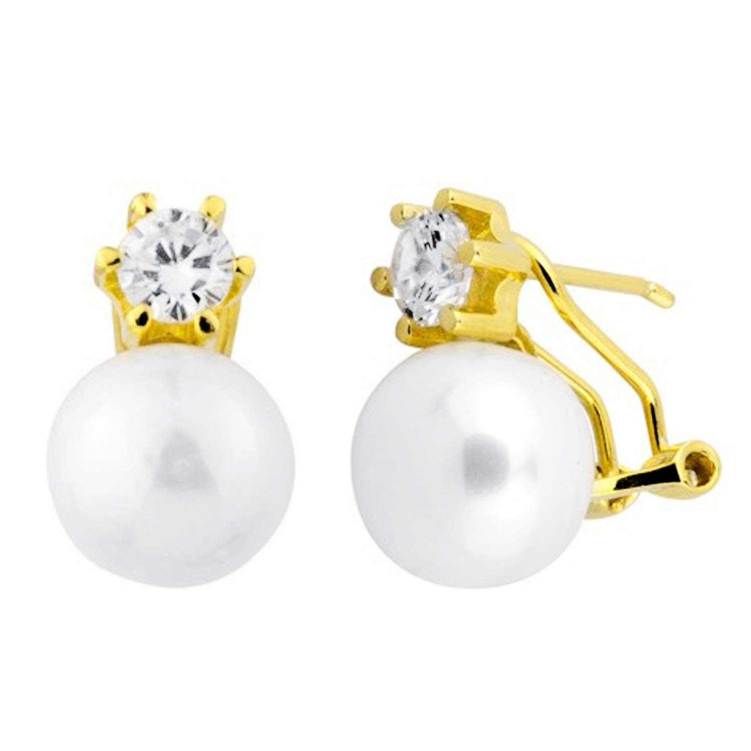 Iyé Biyé Pendientes Mujer Tu y Yo Redondos Perlas Circonitas Plata de Ley 925 Dorados. 12 X 9 Mm Cierre Omega