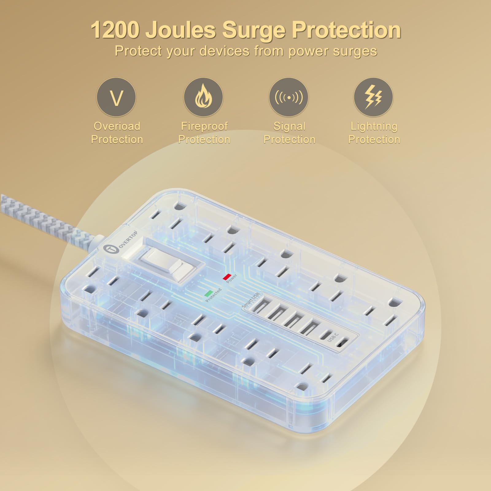 Overtop - Protector de sobretensión, cable de extensión trenzado de 5 pies, enchufe plano, 10 salidas ampliamente espaciadas con 6 puertos USB (2 USB C), estación de carga de computadora
