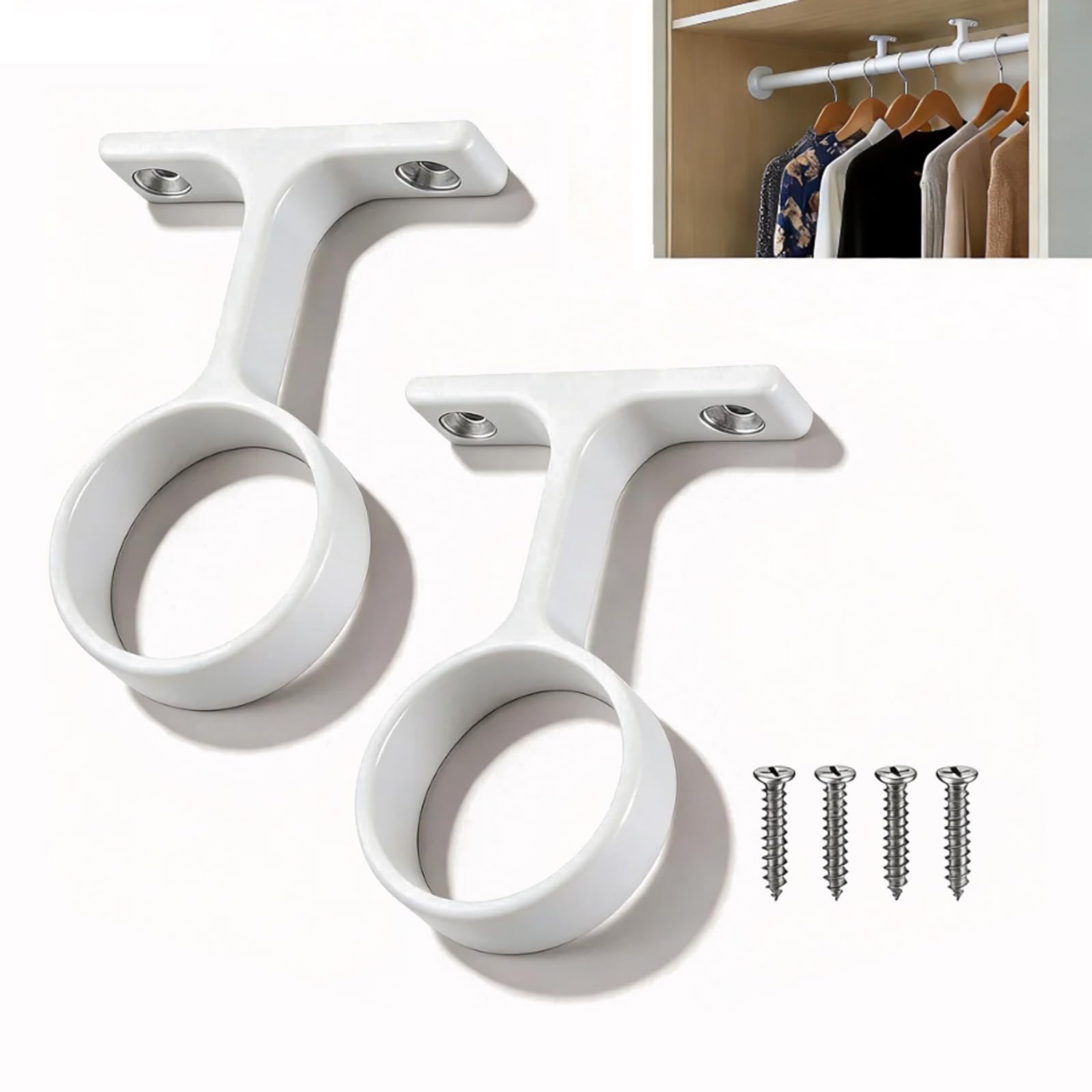 2 Pcs 1 5/16 Inch Round Wardrobe Closet Rod Center Support Brackets(White)