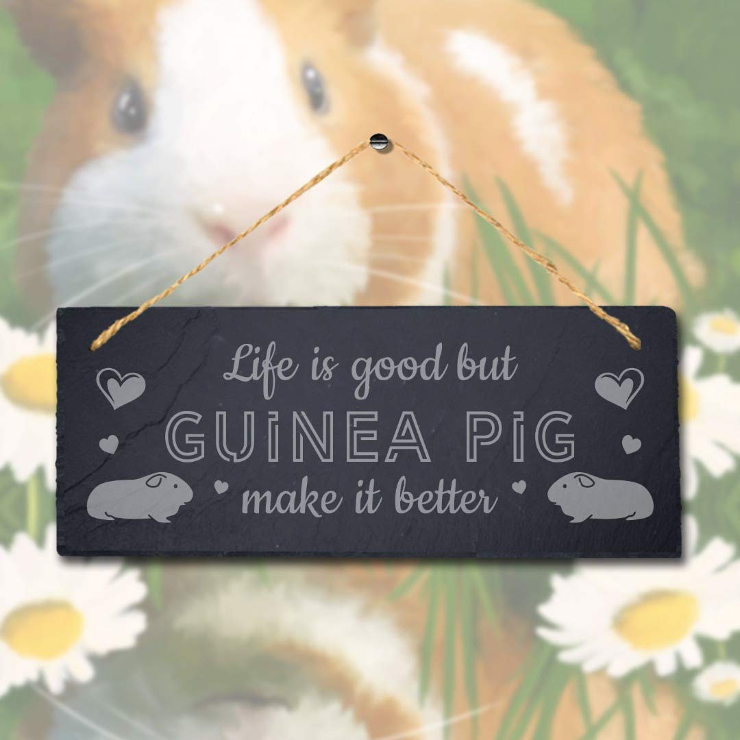 Stukk Life is Good But Guinea Make It Better Hanging Pig Cote Pigsties Sign, Natural Engraved Slate Stone Plaque, 30x12cm