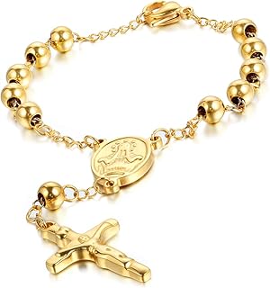 Cupimatch Religious Stainless Steel Beaded Rosary Cross Charm Bracelet for Men Women 8.6", Gold